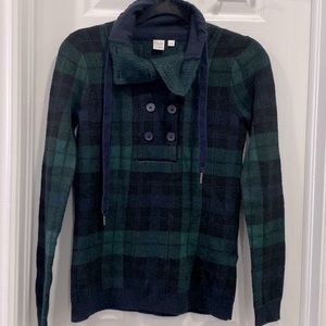TWIK by SIMONS | High Cowl Buttoned Sweater | Navy & Green Plaided | XS